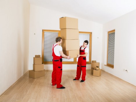 Packed office equipment ready for transport in north-west London