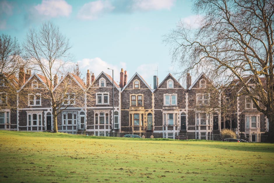 A row of Victorian terraced houses with brick facades and white window frames, situated behind a large grassy park area with tall, leafless trees and a partly cloudy sky overhead. In the foreground, a person is lying on the grass near a blue object, while other individuals are walking or standing nearby near the houses. The scene depicts a peaceful residential area, commonly associated with home relocation and transportation activities, which may involve secure packing, loading furniture, and moving logistics managed by professional services such as Man with Van Golders Green.
