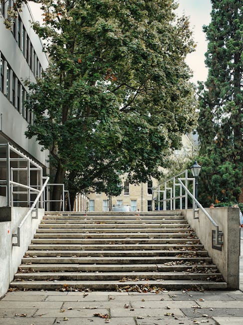 A set of outdoor concrete stairs with multiple steps leading up to a higher level, bordered by metal handrails on both sides. The stairs are situated on a paved pavement, with some fallen leaves scattered across the steps. To the left, part of a modern building with glass windows and a white facade is visible, while to the right, a lamppost and a green tree with dense foliage can be seen. The background includes additional buildings partially obscured by the trees, and overall, the scene depicts a typical urban staircase environment suitable for home relocation or furniture transport in Golders Green, with natural daylight illuminating the setting. This image is relevant to house removals and moving logistics, as handled by companies such as Man with Van Golders Green.