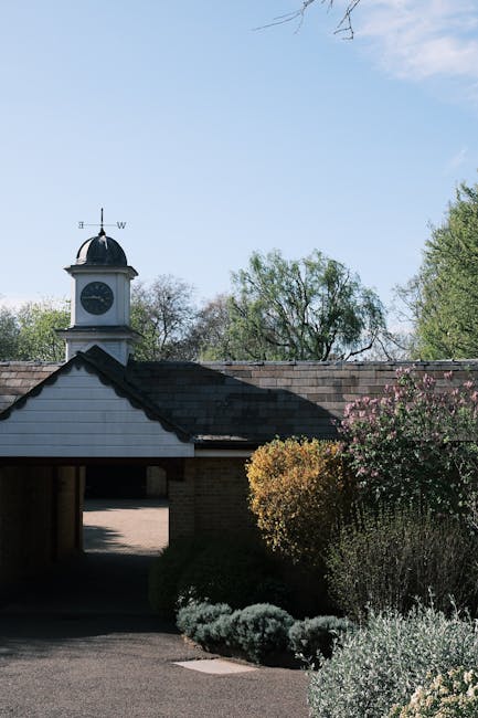 The image shows the upper section of a building with a traditional clock tower mounted on a white wooden structure topped with a small black dome and weather vane, visible against a clear blue sky. Below, the roof is covered with dark shingles, and the building is partly obscured by greenery, including a large flowering shrub with pink blossoms, and various bushes and trees with green foliage. To the left, a paved driveway or pathway leads into a garage or carport beneath the building's overhang. The setting appears to be a residential property set in a well-maintained garden, suitable for home relocation or furniture transport activities by Man with Van Golders Green, aligning with services related to house removals and packing and moving processes near Golders Green Crematorium.