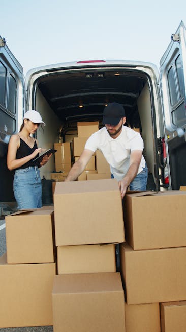 A man wearing a white shirt and black cap is in the process of loading brown cardboard boxes into the back of a large grey cargo van, which is parked outdoors on a paved surface. The van's rear doors 