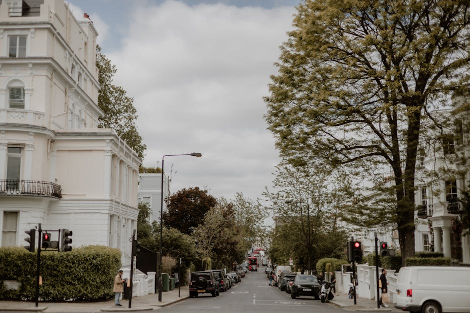 Photograph of a residential street in Golders Green showing white Edwardian-style terraced houses with ornate architectural details, large windows, and decorative balconies. In the foreground, there a