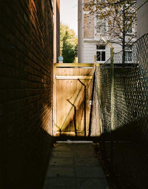 A narrow outdoor alleyway between a red brick building on the left and a wire mesh fence on the right, with sunlight casting shadows across a wooden gate at the end of the path. The ground is paved with concrete tiles, some showing minor dirt. Behind the gate, part of a white residential building with multiple windows and a small tree with yellowing leaves are visible, indicating an urban house relocation scene in progress. The setting suggests a constrained access route typical of urban homes, where professional removals services like Man with Van Golders Green may need to navigate narrow spaces to transport furniture and boxes during a home move or packing process.